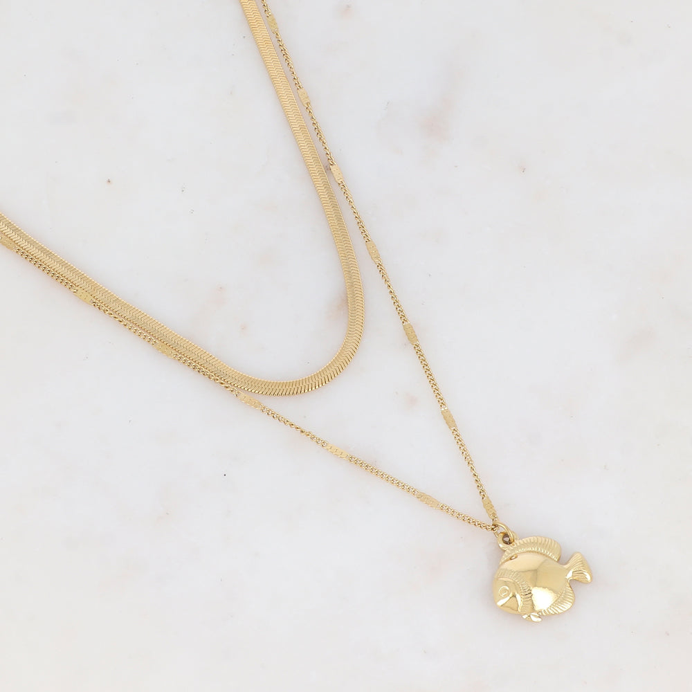 Collier 2 rangs en maille avec pampille poisson (40/48+7CM)