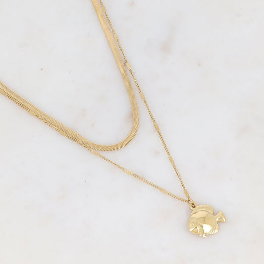 Collier 2 rangs en maille avec pampille poisson (40/48+7CM)