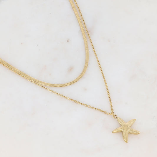 Collier 2 rangs en maille avec étoile de mer texturée (40/55+5CM)