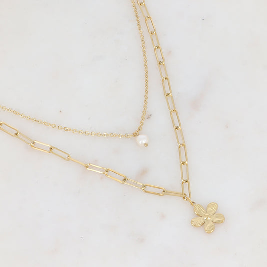 Collier 2 rangs en maille avec perle d'eau douce et fleur (39/44+7CM)