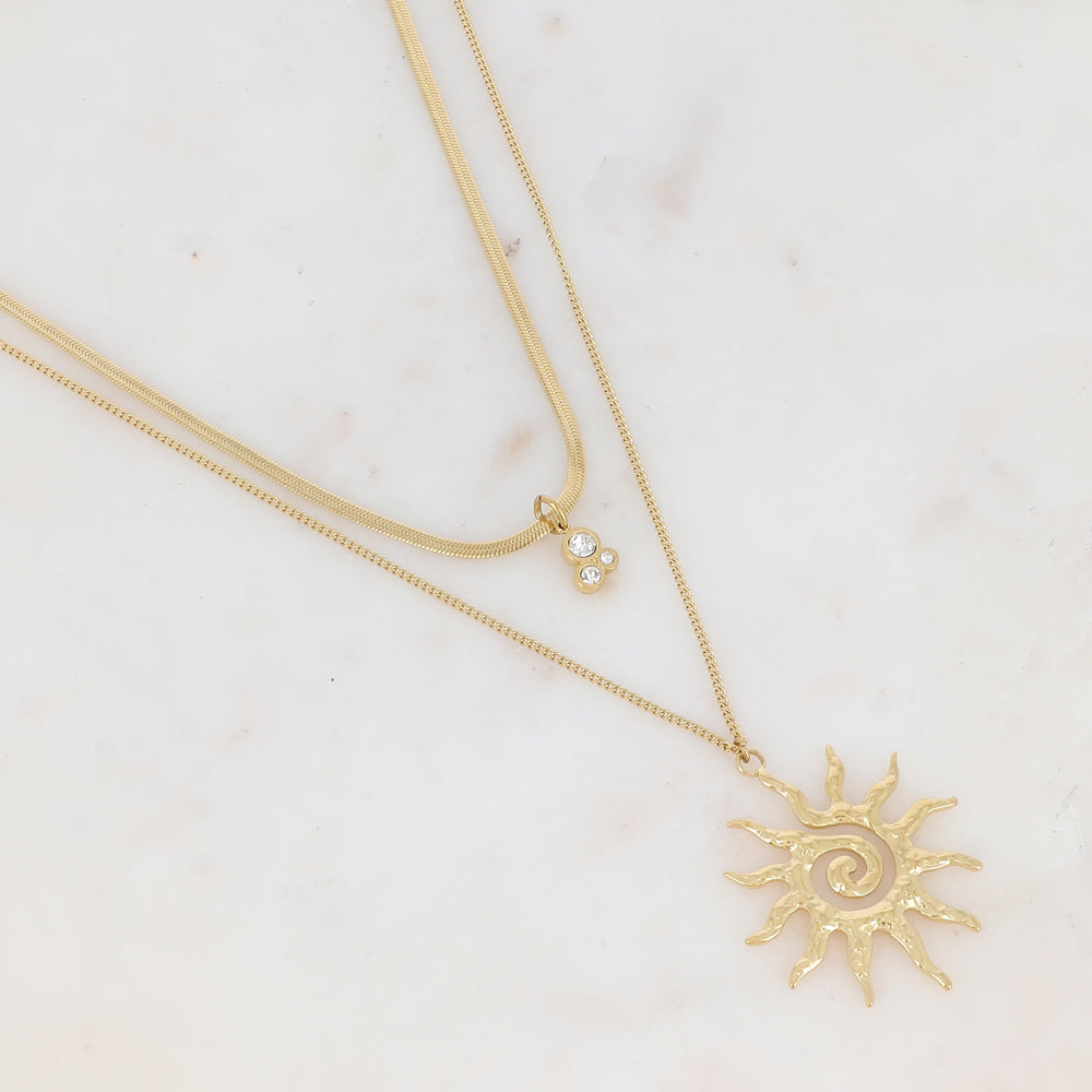 Collier 2 rangs en maille avec soleil et oxydes de zirconium (39/56+7CM)