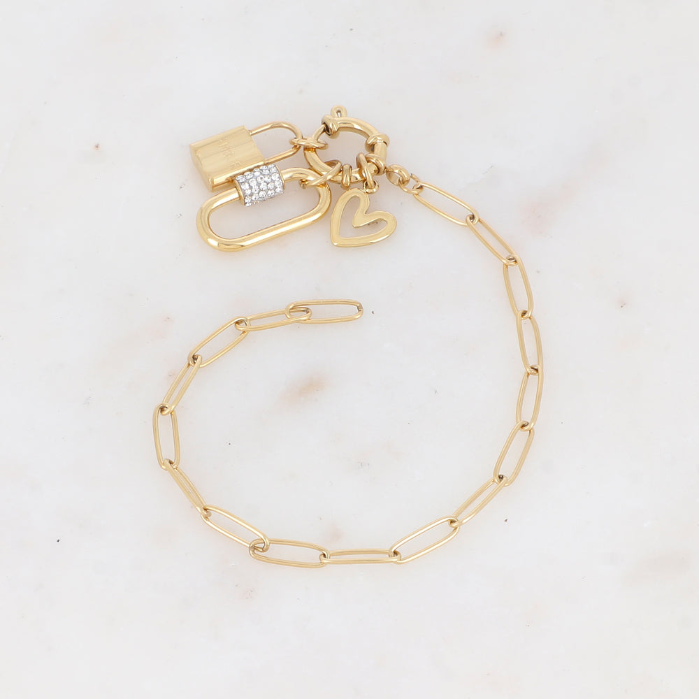 Bracelet en maille avec cadenas "AMOUR", anneau strassé et cœur