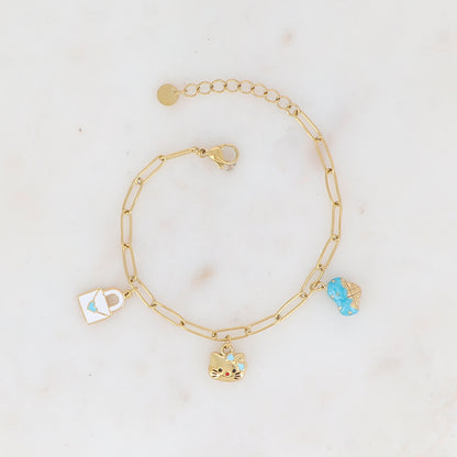 Bracelet en maille avec cadenas émaillé motif cœur, cornet à glace émaillé et chat émaillé