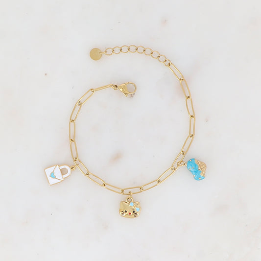 Bracelet en maille avec cadenas émaillé motif cœur, cornet à glace émaillé et chat émaillé