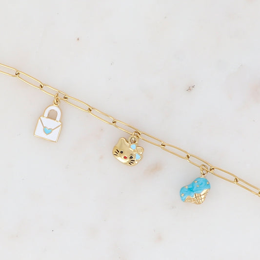 Bracelet en maille avec cadenas émaillé motif cœur, cornet à glace émaillé et chat émaillé