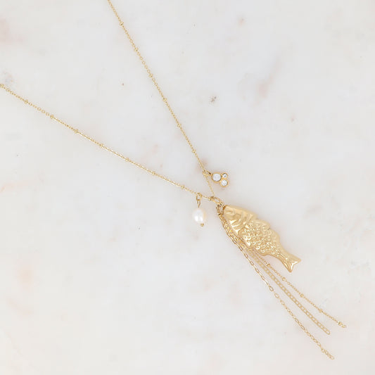 Sautoir avec poisson, perle d'eau douce, oxydes de zirconium et chaînes tombantes (65+5CM)