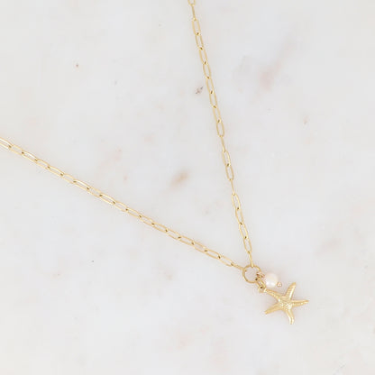 Collier en maille avec étoile de mer et perle d'eau douce (45+5CM)