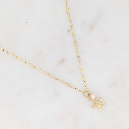 Collier en maille avec étoile de mer et perle d'eau douce (45+5CM)
