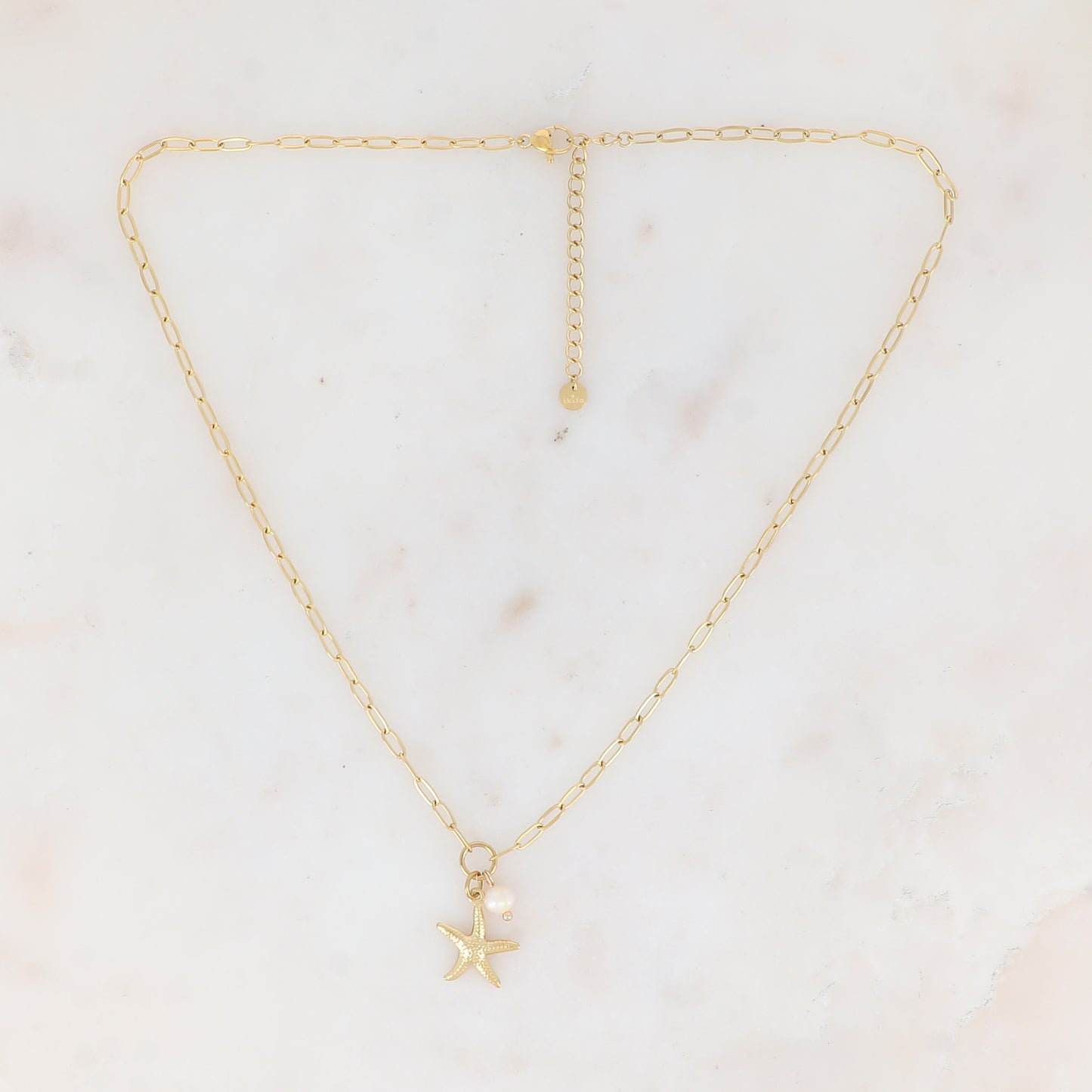 Collier en maille avec étoile de mer et perle d'eau douce (45+5CM)