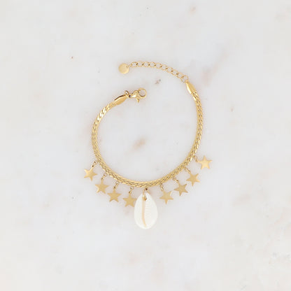 Bracelet en maille plate avec pampilles étoiles et cauri en résine