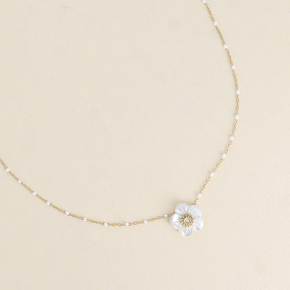 Collier - chaîne émaillée et fleur nacrée 38+7 cm