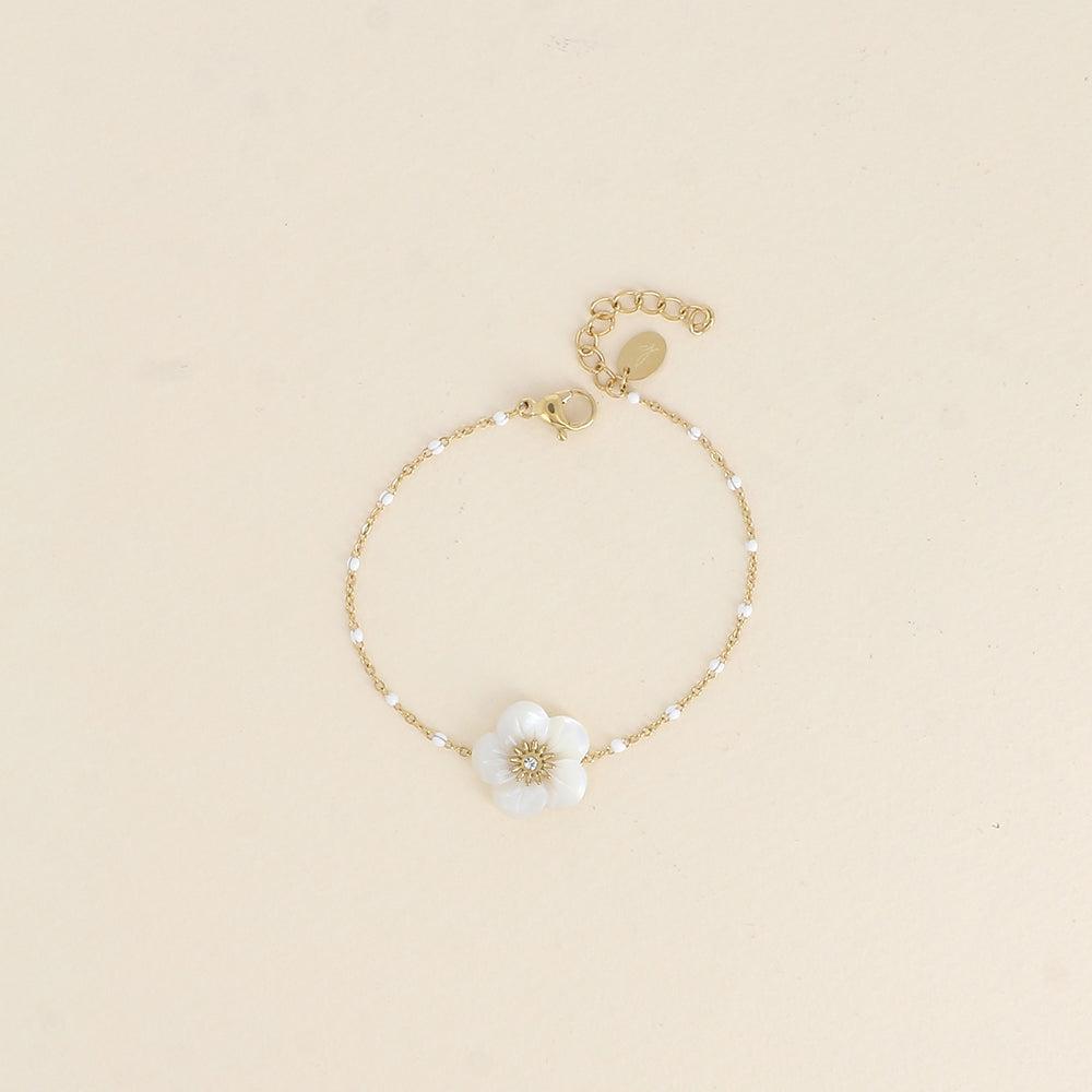 Bracelet - chaîne émaillée et fleur nacrée (15,5+3 cm)