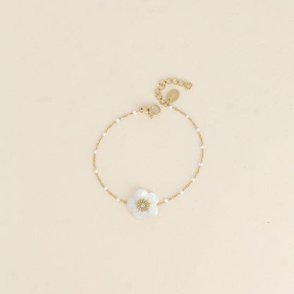 Bracelet - chaîne émaillée et fleur nacrée (15,5+3 cm)