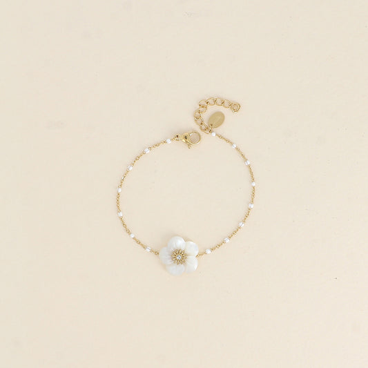 Bracelet - chaîne émaillée et fleur nacrée (15,5+3 cm)
