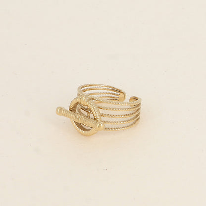 Bague - 5 anneaux fins ajourés striés, barre horizontale et anneau