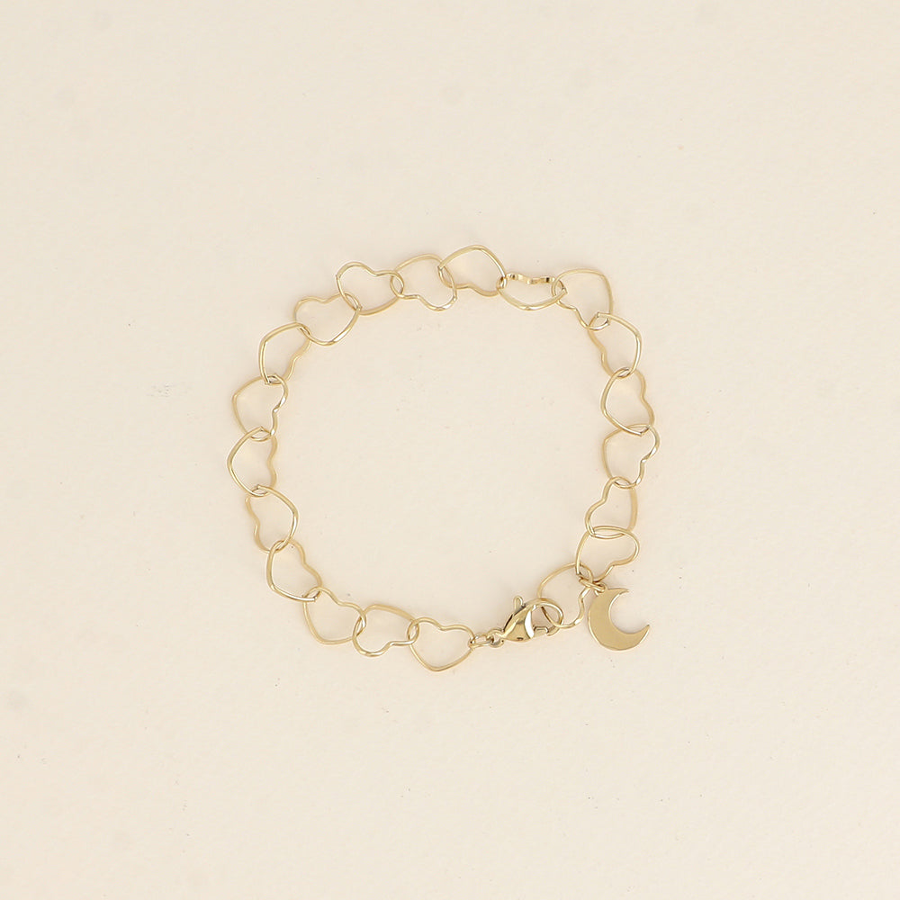 Bracelet - maillons cœurs et pendentif lune - 19cm