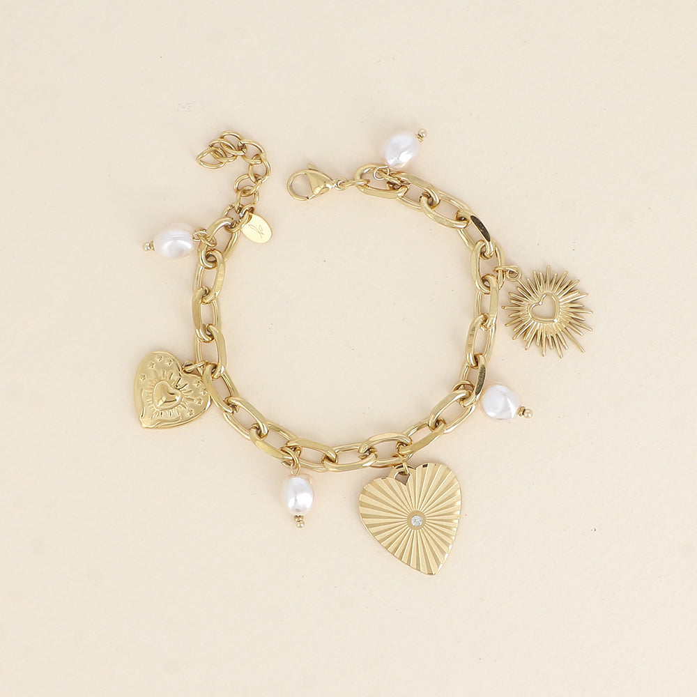 Bracelet - maillons ovales, breloques cœurs, perles de résine blanche (16,5+3 cm)