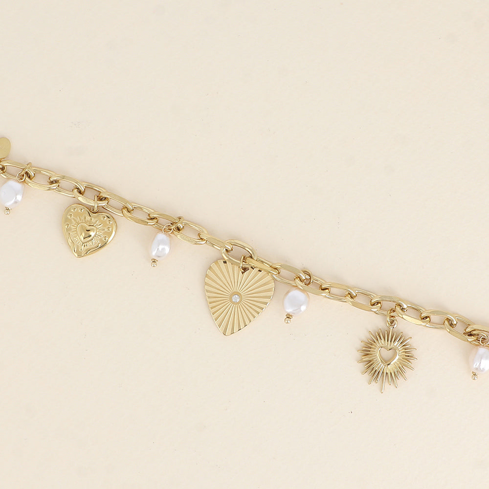 Bracelet - maillons ovales, breloques cœurs, perles de résine blanche (16,5+3 cm)