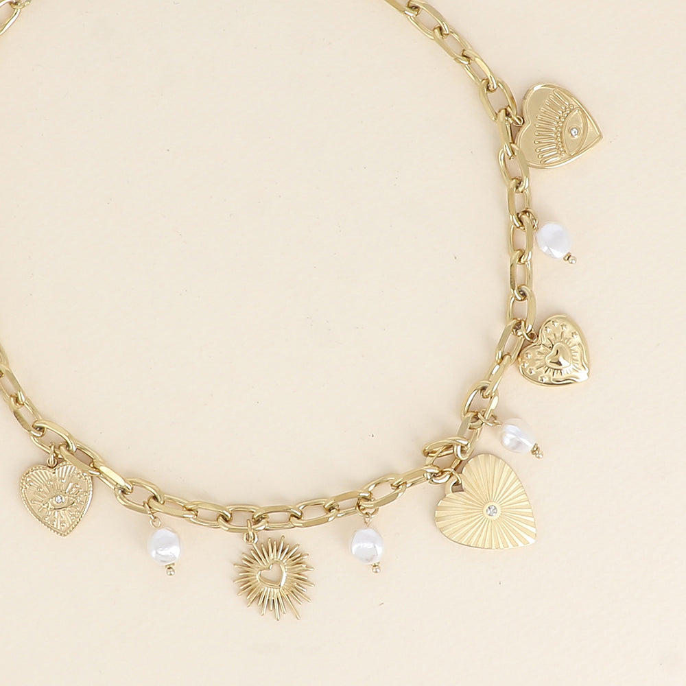 Collier - maillons ovales, breloques cœurs, perles de résine blanche 39+7 cm