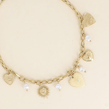 Collier - maillons ovales, breloques cœurs, perles de résine blanche 39+7 cm