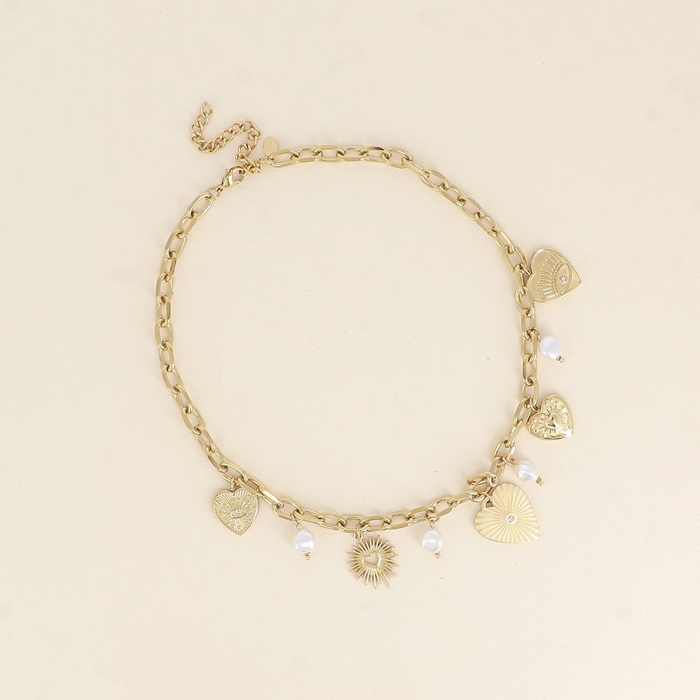 Collier - maillons ovales, breloques cœurs, perles de résine blanche 39+7 cm