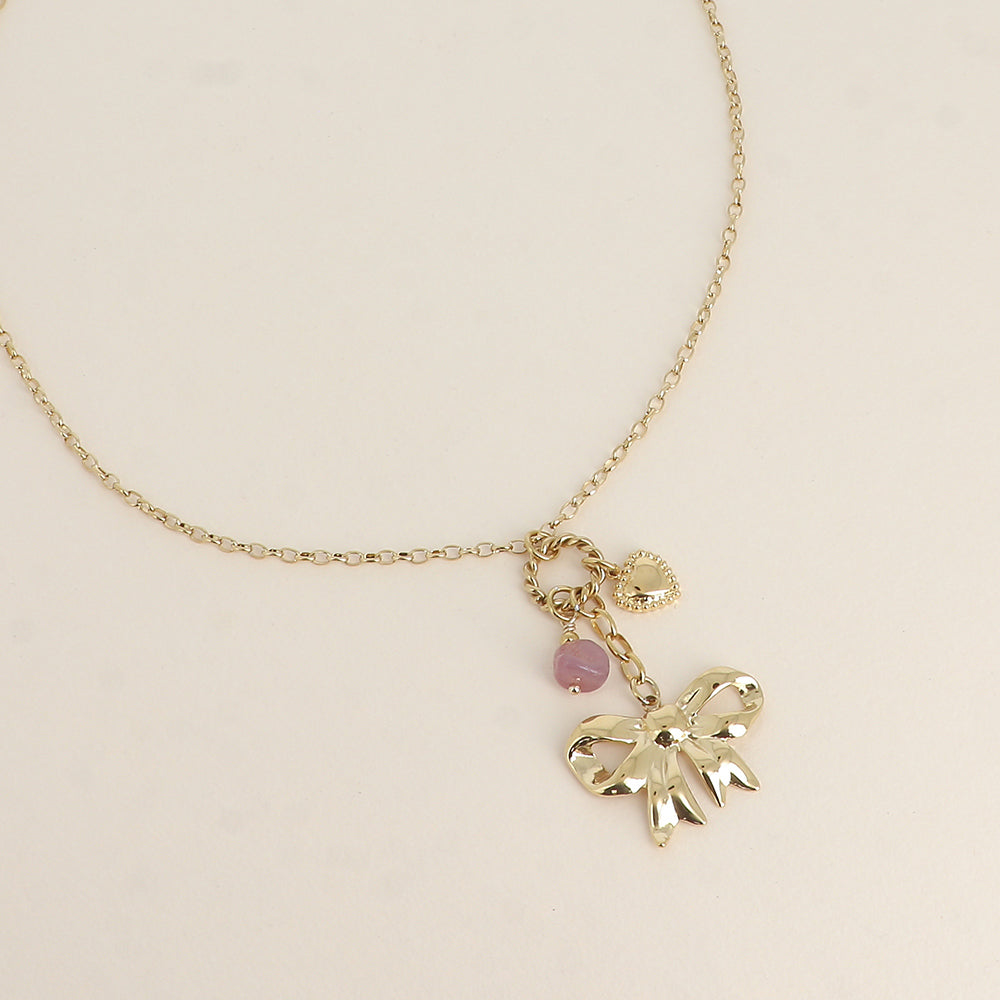 Collier - nœud papillon, cœur et pierre naturelle 45+5 cm