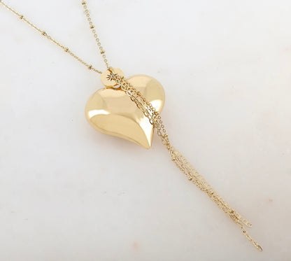Sautoir avec pendentif cœur lisse avec effet miroir et bombé, pampille, étoile, 3 chaînes tombantes (65+5CM)