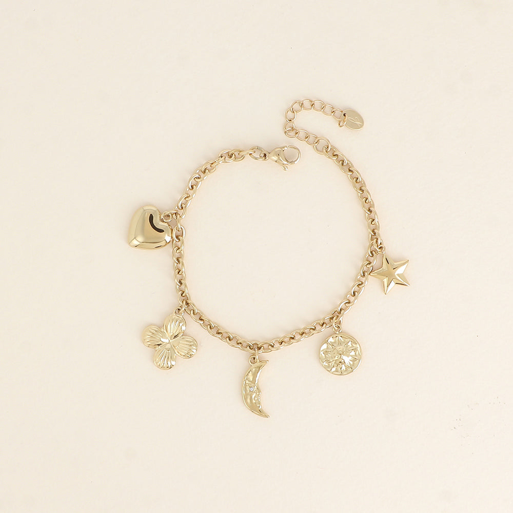 Bracelet - soleil, cœur, lune, fleur émaillée, étoile et trèfle (17+3 cm)