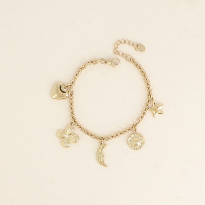 Bracelet - soleil, cœur, lune, fleur émaillée, étoile et trèfle (17+3 cm)