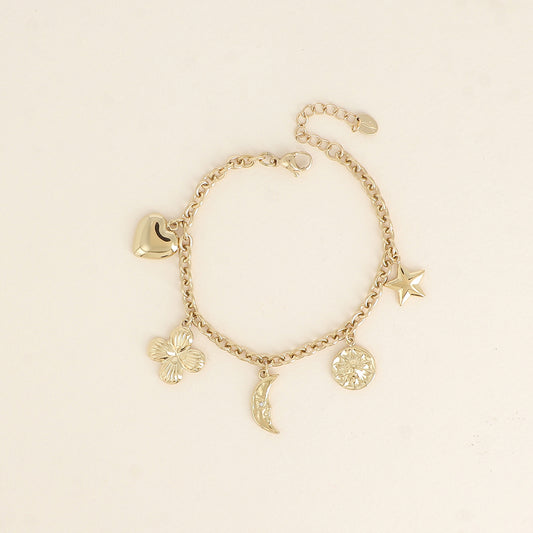 Bracelet - soleil, cœur, lune, fleur émaillée, étoile et trèfle (17+3 cm)