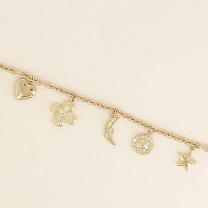 Bracelet - soleil, cœur, lune, fleur émaillée, étoile et trèfle (17+3 cm)