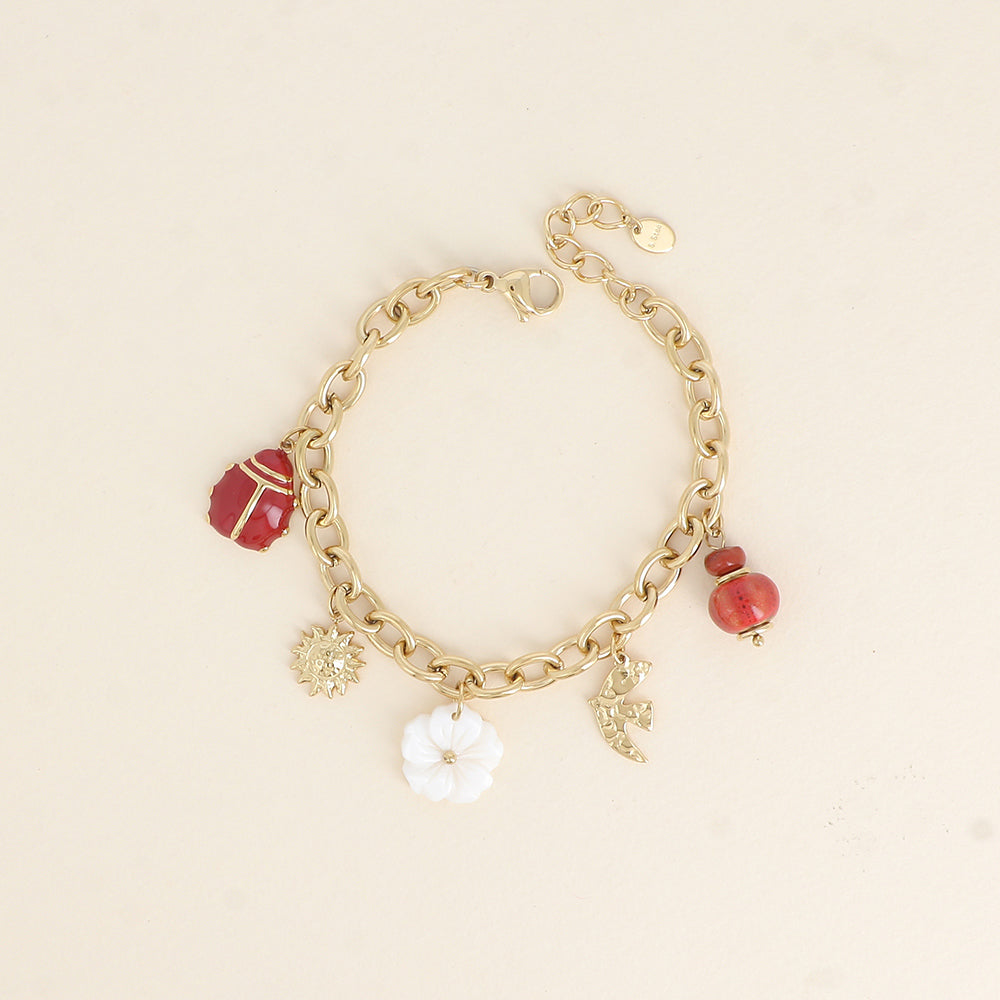 Bracelet - perles, oiseau, soleil, fleur nacrée, coccinelle émaillée (17+3 cm)