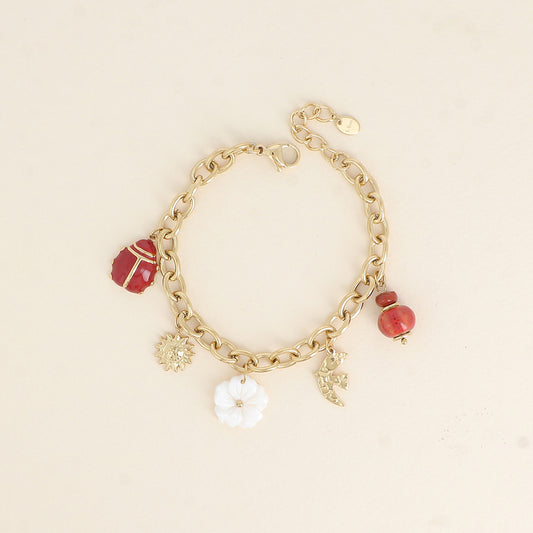 Bracelet - perles, oiseau, soleil, fleur nacrée, coccinelle émaillée (17+3 cm)