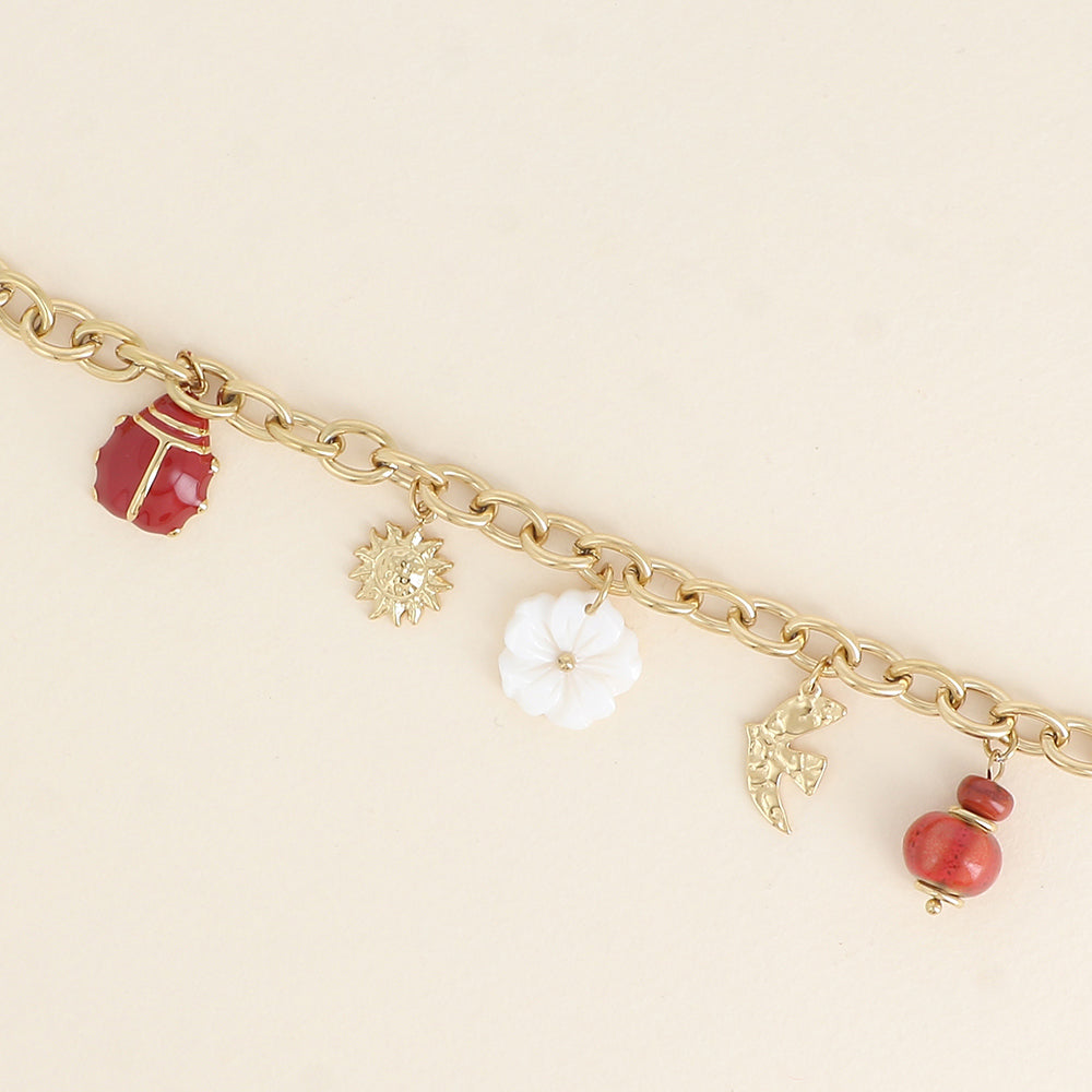Bracelet - perles, oiseau, soleil, fleur nacrée, coccinelle émaillée (17+3 cm)
