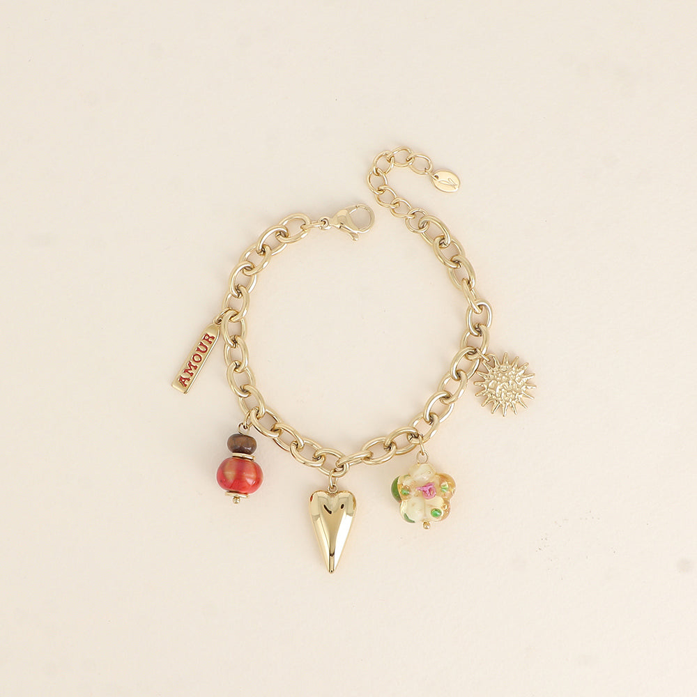 Bracelet - cœur, fleur en résine, plaquette AMOUR en émail, soleil et perle (17+3 cm)