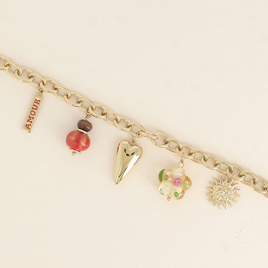Bracelet - cœur, fleur en résine, plaquette AMOUR en émail, soleil et perle (17+3 cm)