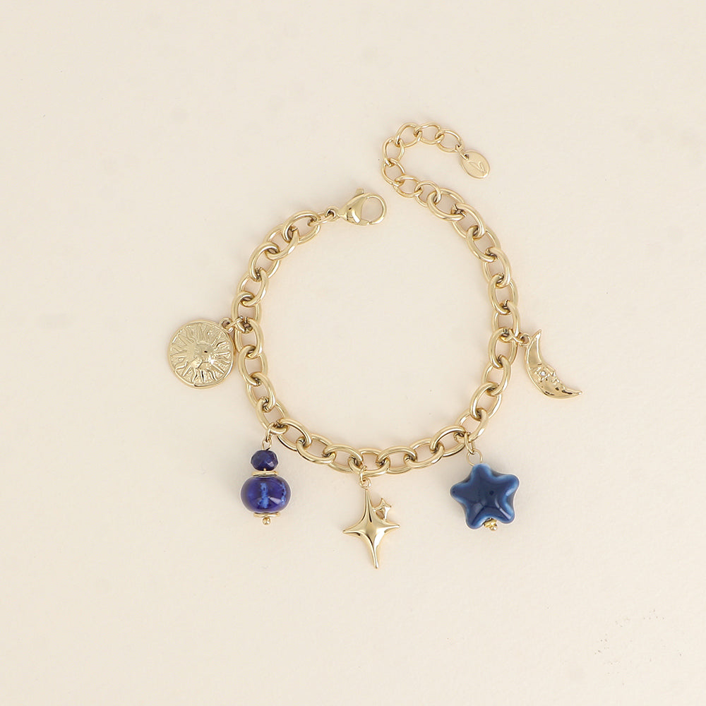 Bracelet - soleil, perles, lune, étoile et trèfle (17+3 cm)