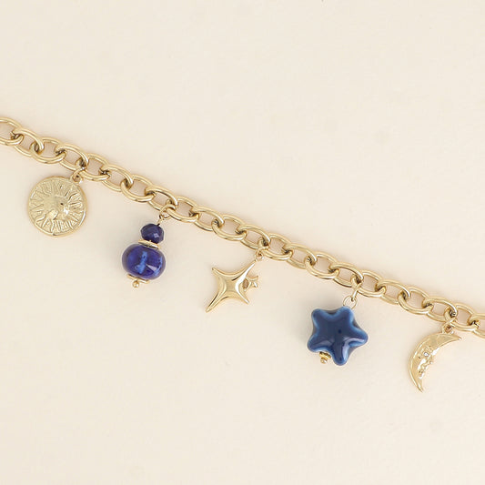 Bracelet - soleil, perles, lune, étoile et trèfle (17+3 cm)