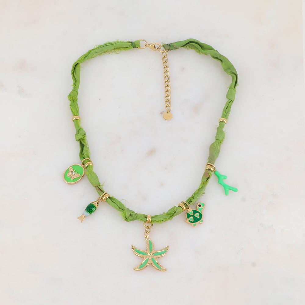 Collier ruban Liberty avec papillon, poisson, corail, tortue, étoile de mer et émail (39+5CM)