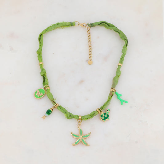 Collier ruban Liberty avec papillon, poisson, corail, tortue, étoile de mer et émail (39+5CM)