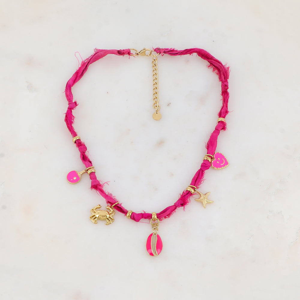 Collier ruban Liberty avec pingpong, crabe, étoile de mer, cœur souriant et émail(39+5CM)