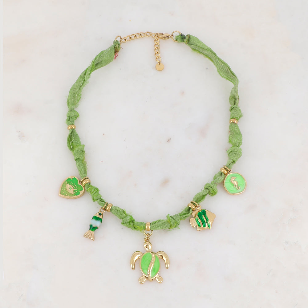 Collier ruban Liberty avec cœur, œil, poissons, tortue, hippocampe émail et strass(39+5CM)