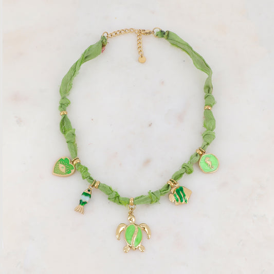 Collier ruban Liberty avec cœur, œil, poissons, tortue, hippocampe émail et strass(39+5CM)