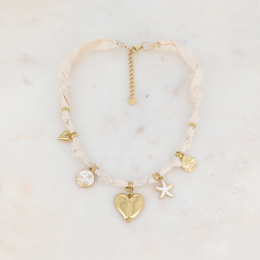 Collier ruban Liberty avec cœurs, étoile de mer, fleur, pendentif rond sur le thème de la mer, émail et strass (39+5CM)