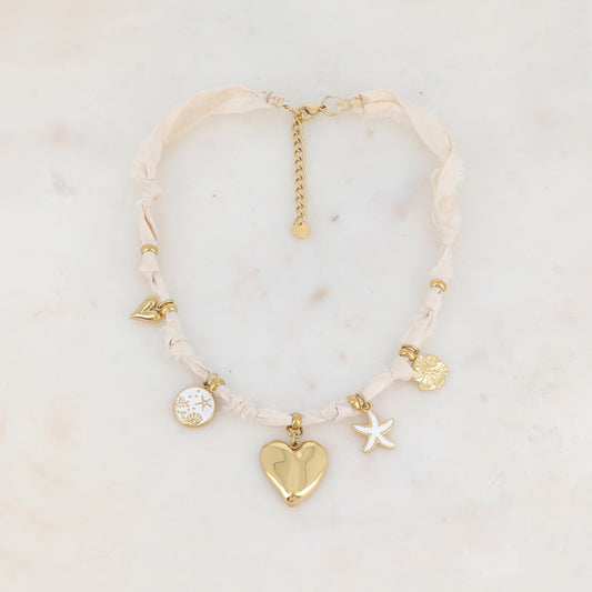 Collier ruban Liberty avec cœurs, étoile de mer, fleur, pendentif rond sur le thème de la mer, émail et strass (39+5CM)