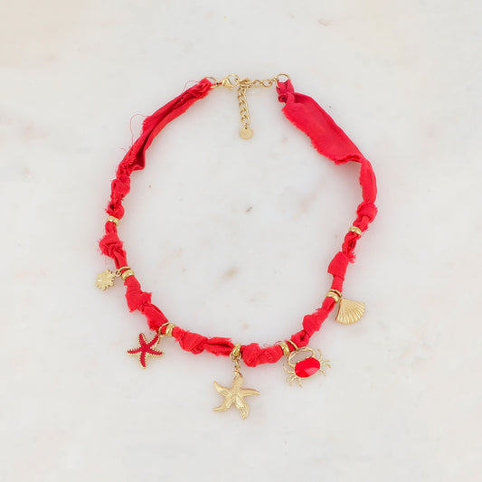 Collier ruban Liberty avec étoiles de mer, coquillage, crabe, fleur et émail (39+5CM)