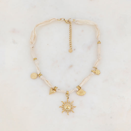 Collier ruban Liberty avec soleil strassé, cœur, coquillage, fleur et pendentif rond motif étoile (39+5CM)