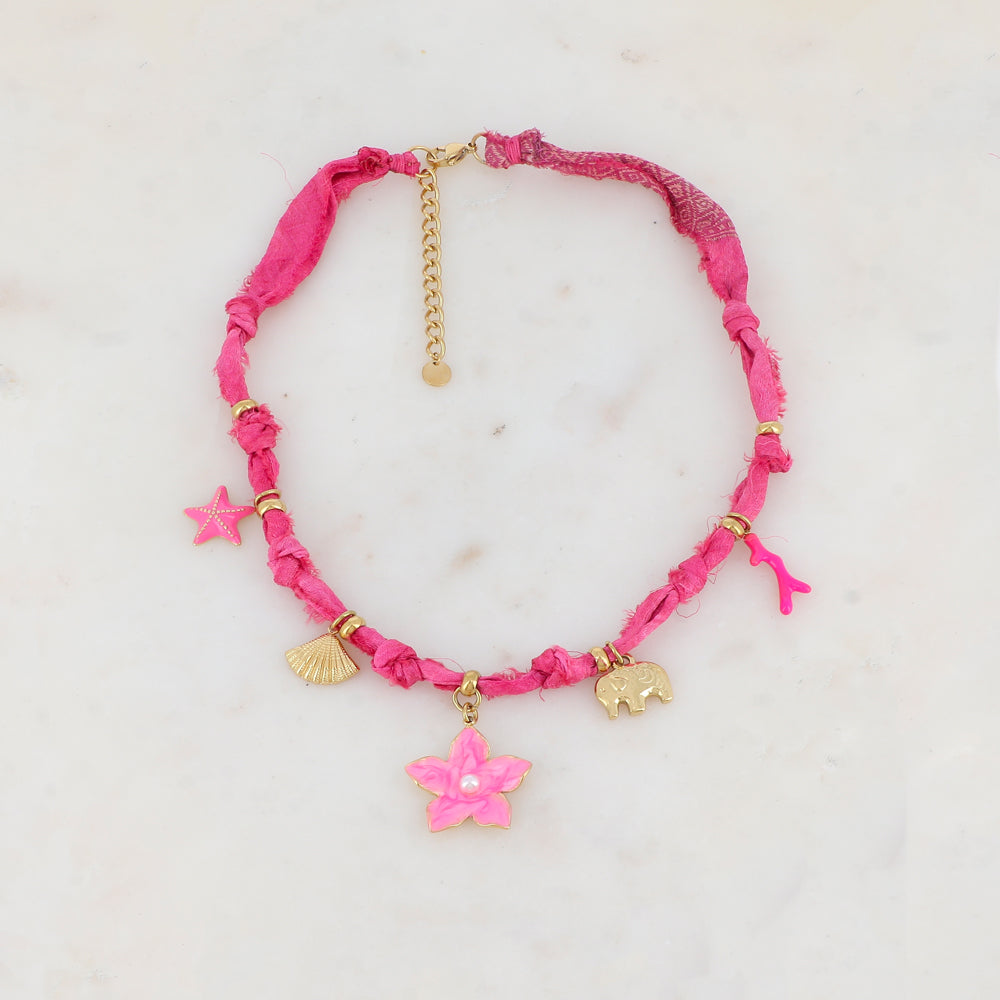 Collier ruban Liberty avec étoile de mer, coquillage, fleur, éléphant, corail et émail (39+5CM)