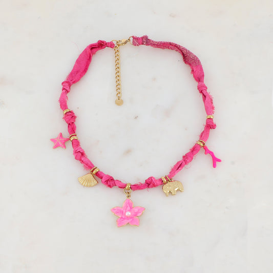 Collier ruban Liberty avec étoile de mer, coquillage, fleur, éléphant, corail et émail (39+5CM)