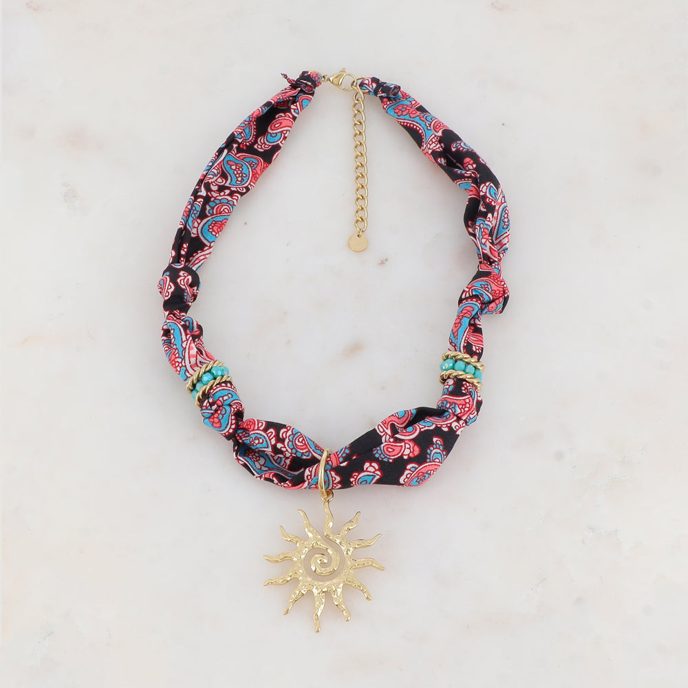 Collier ruban Liberty avec soleil, anneaux torsadés et pâtes de verre (39+5CM)
